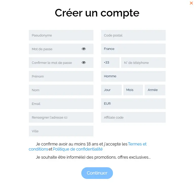 Processus d'inscription Wishwin Casino